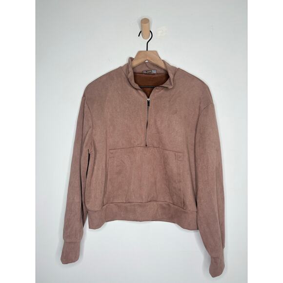 Tahari Faux Suede Taupe Half Zip Pullover Sweatshirt Medium Women’s Long Sleeve - Picture 1 of 8